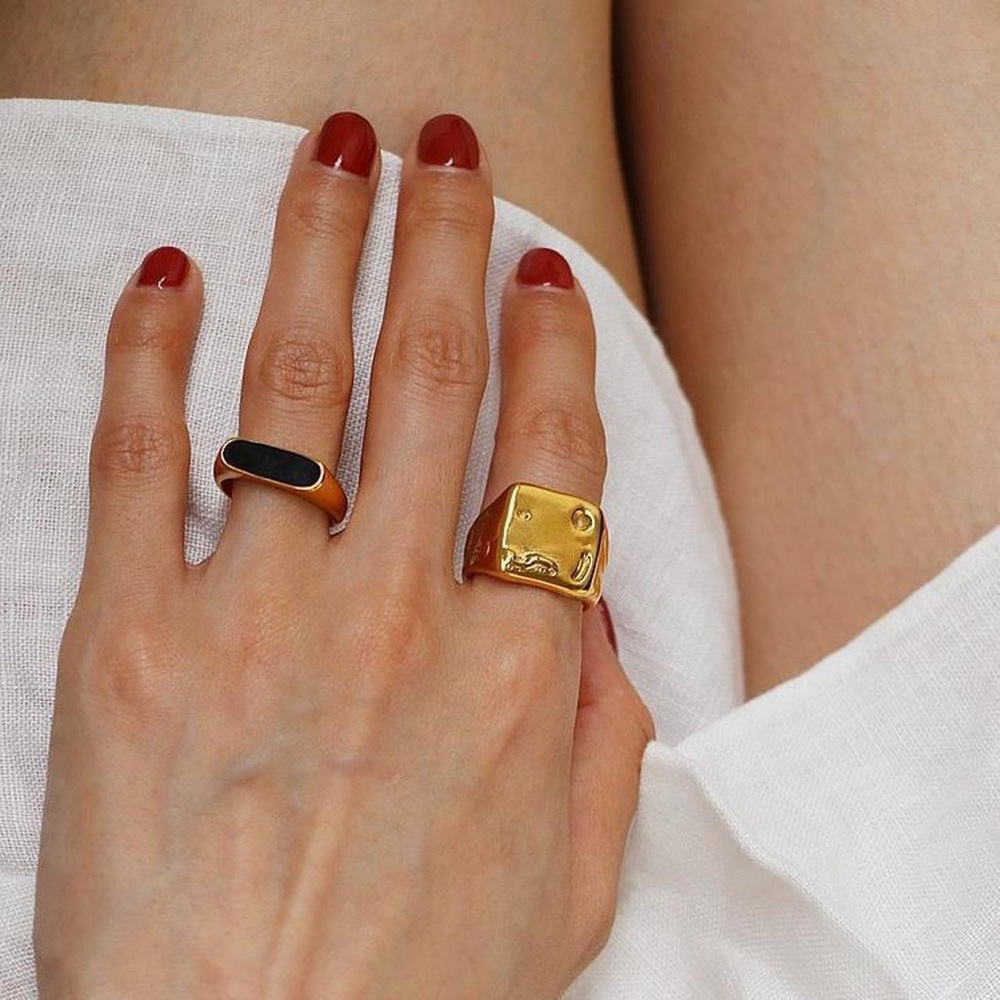 Black Enamel ring, gold signet ring, black Bar ring, gold stacking ring